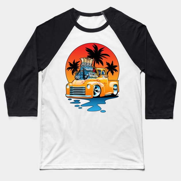 Classic American Hot Rod Pick-up Truck with Sunset Cartoon Baseball T-Shirt by hobrath